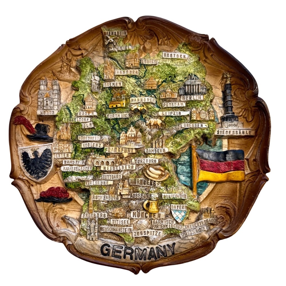 Fun Vintage 3D Germany Map‎ Plaque – Neuschwanstein, Beer Stein & Flag-Used